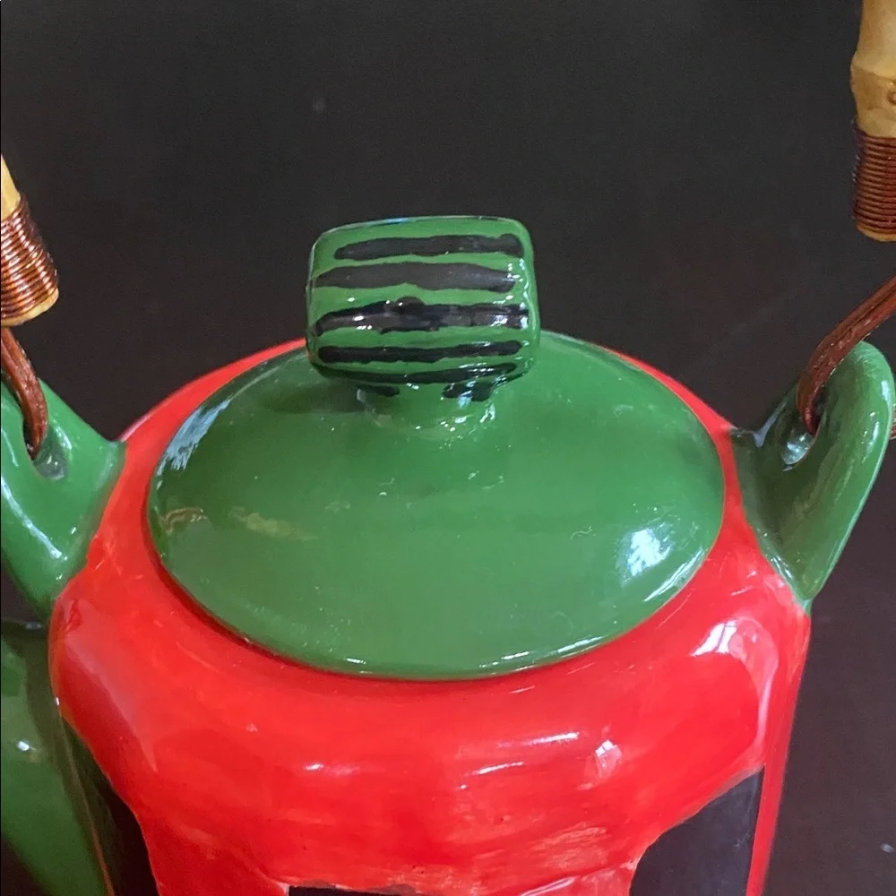 Whimsical Red and Green Ceramic Handpainted Teapot with Bamboo Handle.